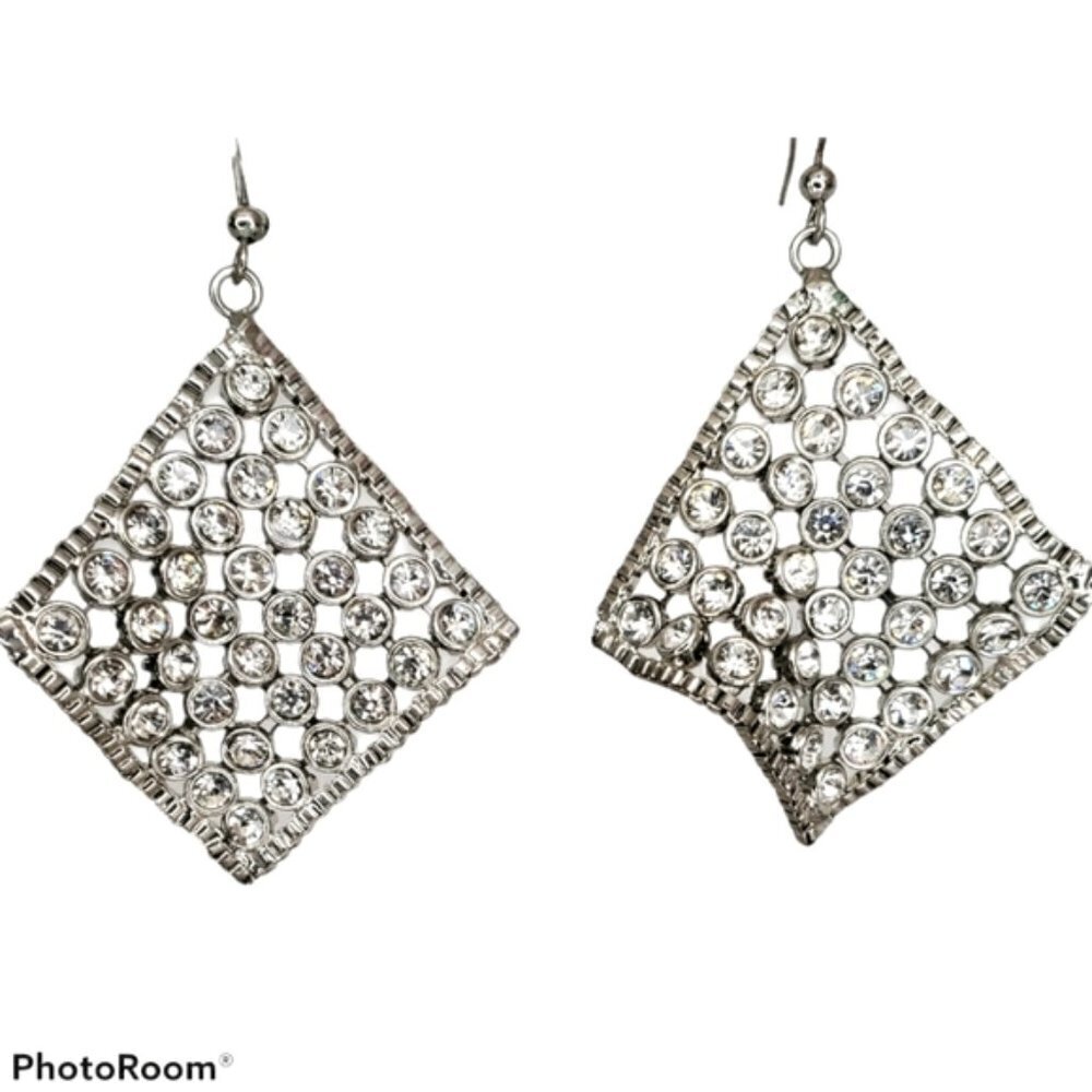 Silver Rhinestone Dangle Earrings - Picture 2 of 4